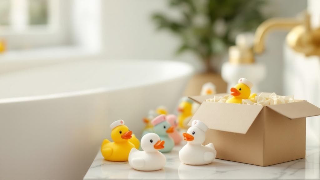 Colorful themed bath ducks arranged by collection